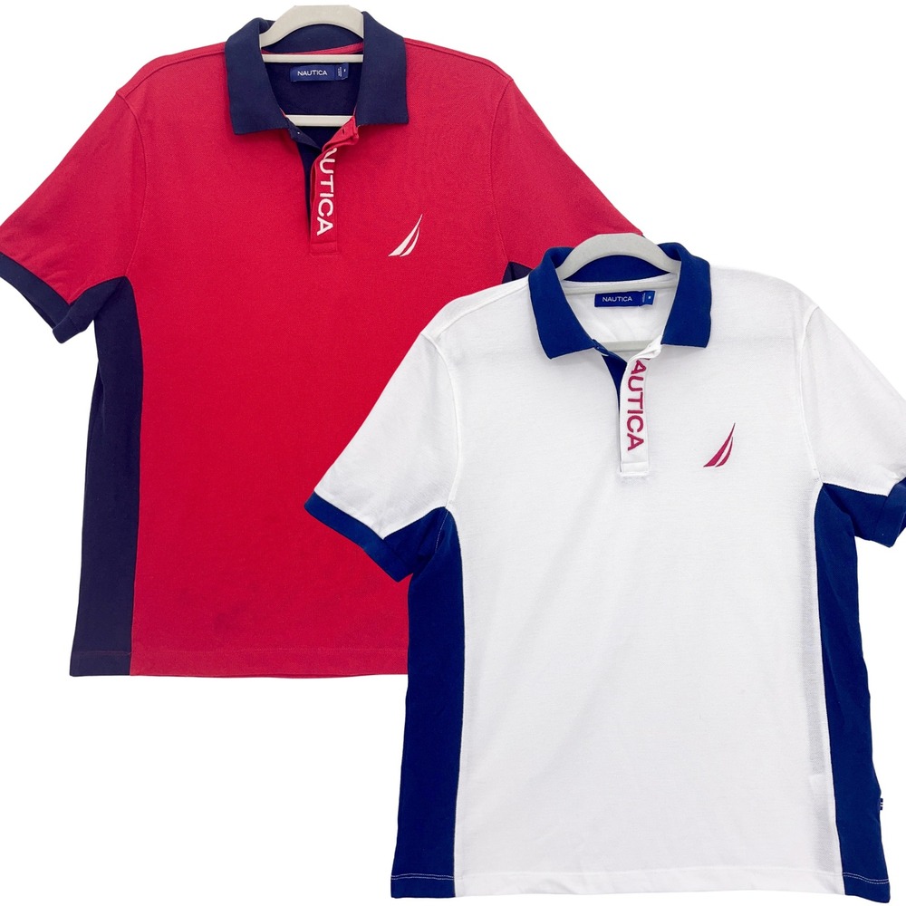 Nautica Red White Navy Polo Shirts M Lot of 2 Colorblock Logo Piqué Mens